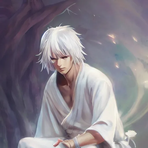 Image similar to white haired parted down the middle, wearing white hakama anime man full body portrait made by Stanley Artgerm, WLOP, Rossdraws, James Jean Andrei Riabovitchev, Marc Simonetti, Yoshitaka Amano, Artstation