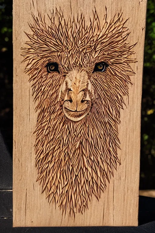 Prompt: fract wood burning lichtenberg figure llama portrait