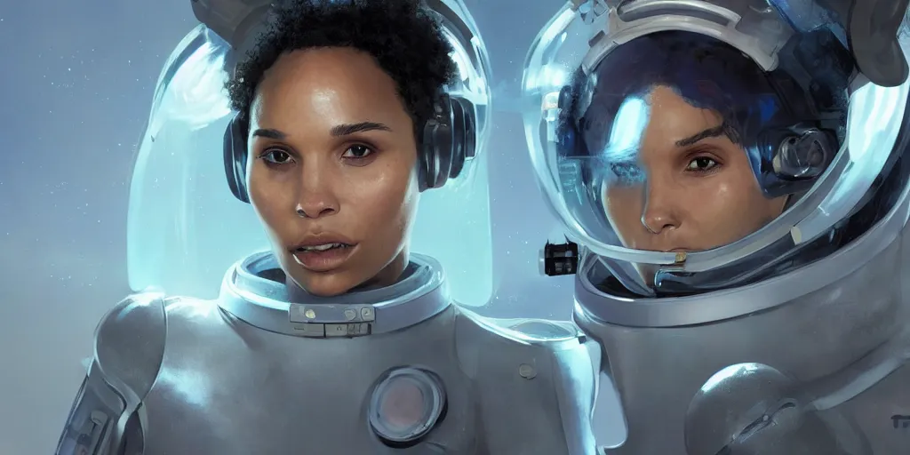 Prompt: Zoe Kravitz with short hair as a futuristic astronaut, helmet with led lights, underwater in the ocean at night, clear water, volumetric lighting, glowing lights, 4k, octane, digital painting, artstation, concept art, sharp focus, illustration, art by artgerm and greg rutkowski and alphonse mucha , wide angle view,