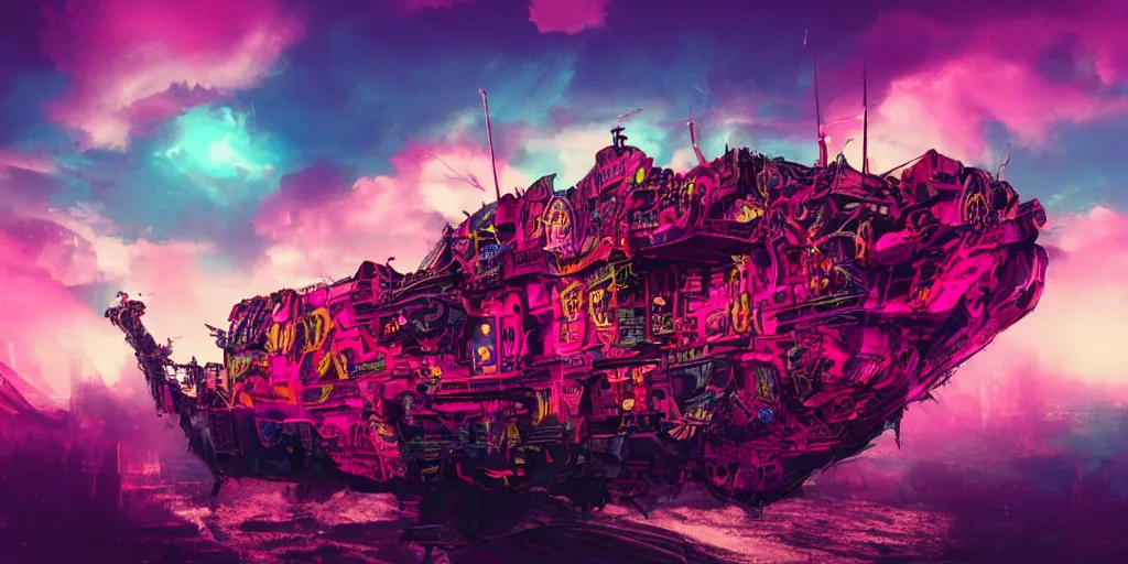 Prompt: punk big beautiful face, space, dungeon, pirate neon ship with punks on board, mohawks, neon, oil painting, pink, rich deep colors masterpiece, ultra detailed, contrast, heaven pink, lots of roman arches, punk rock with mohawks, clouds, sky, volumetric light, atmospheric lighting, dramatic, cinematic, moody, octane render 4 k, 8 k