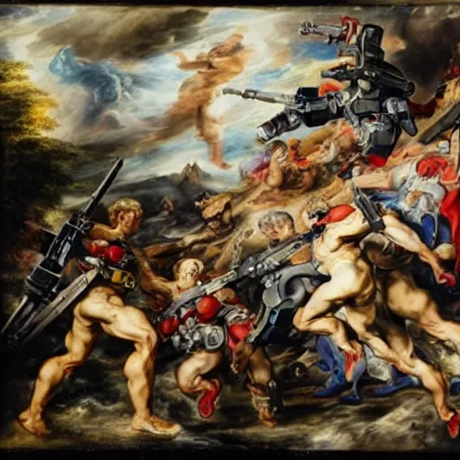 Prompt: peter paul rubens as consequences of wars with mecha gundam invited, random content position, delete duplicate content, photorealistic details content, incrinate, masterpiece, ultra detailed human anatomy structures.