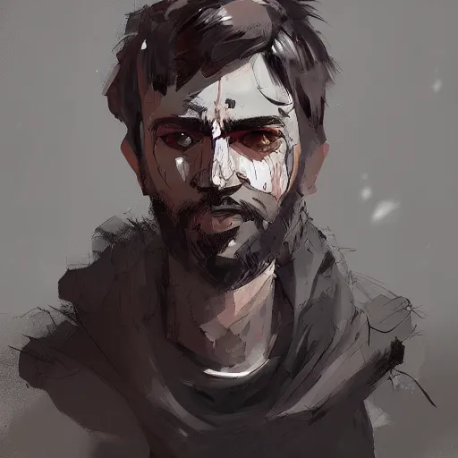 Image similar to human male character portrait, by Ismail Inceoglu, black hair, beard, scars, dark eyes, shabby clothes, art, dungeons and dragons, digital art