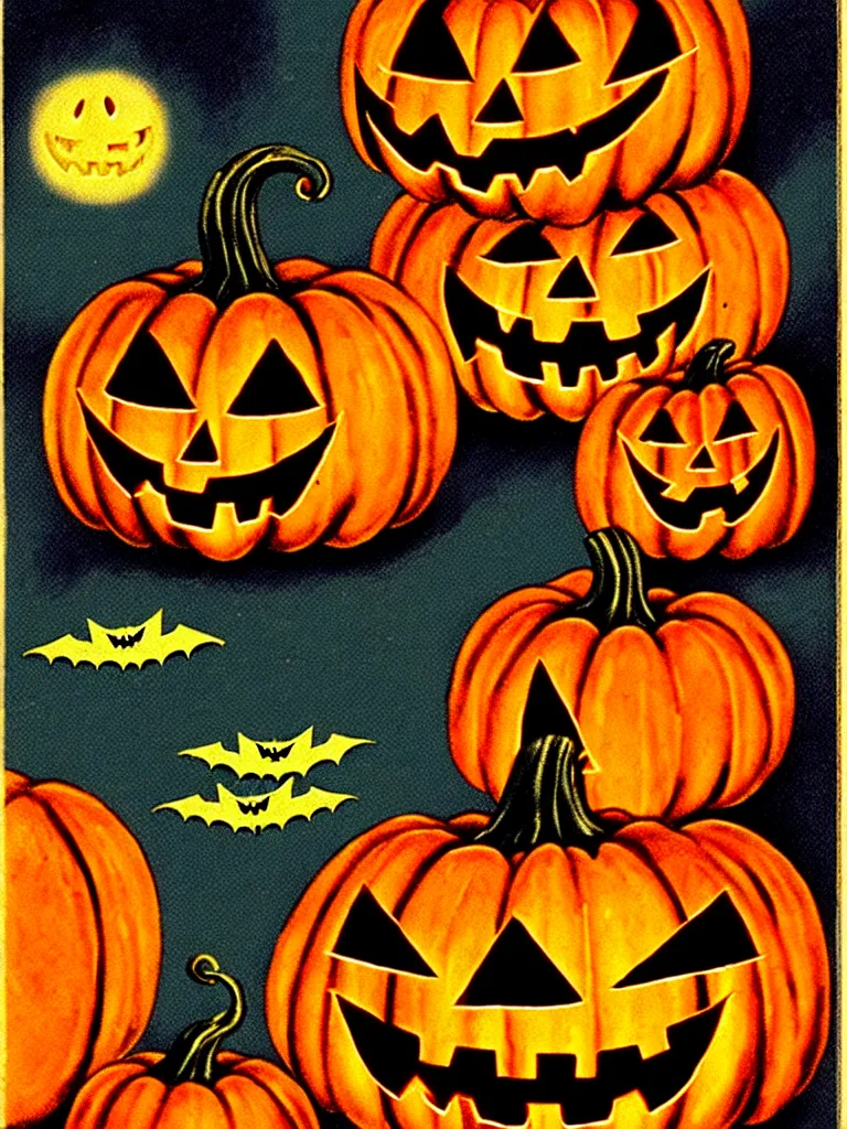 Prompt: Vibrant Colorful Vintage Halloween Illustration. Glowing , Spooky lighting , Pinterest