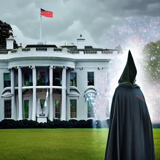 Image similar to gandalf attacks the white house, realistic extremely detailed photo style painting, granular detail, holographic krypton ion, octane render, 4 k, f 3 2, 5 5 mm photography, wide angle