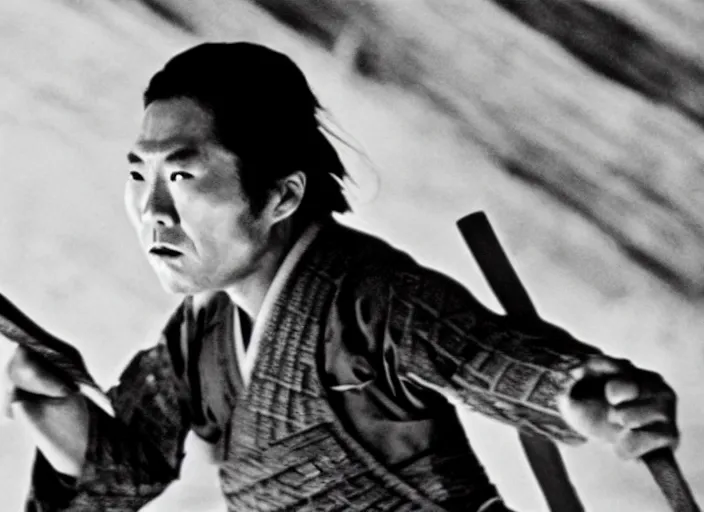 Image similar to a movie still of a samurai slicing through a loaf of bread, a movie by Akira Kurosawa