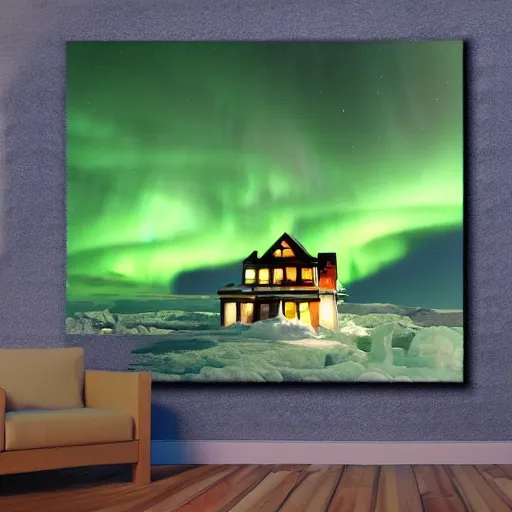 Prompt: treehouse style mansion built in the arctic on an iceberg with view of the northern lights over the ocean detailed luminescent oil painting 4 k