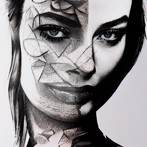 Image similar to tattoo design sketch of double exposure effect on margot robbie face and beautiful mountains, in the style of matteo pasqualin, amazing detail