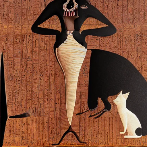 Image similar to a brown skinned black woman, with two cats, elegant, intricate, digital painting, smooth, sharp focus, illustration, salvador dali, ancient egypt, art deco, garden, diamonds