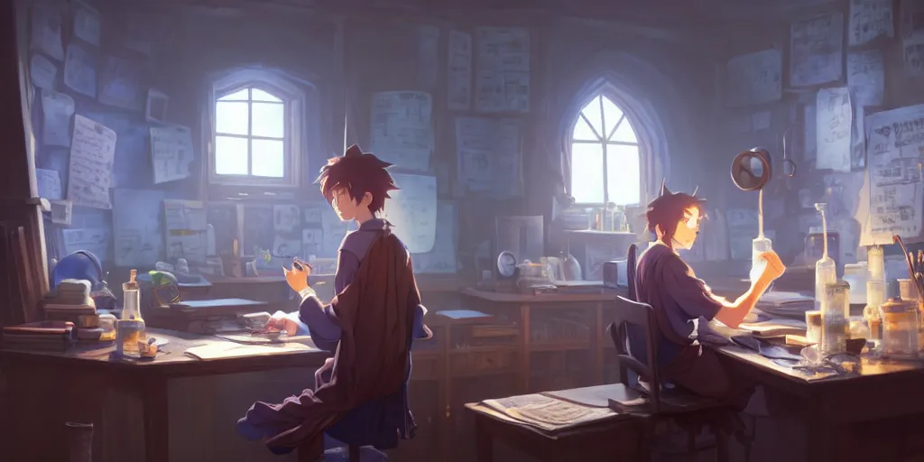 Image similar to a wizard with brown hair is standing at his desk working with jars of liquids, beakers of bubbling potions, coherent, medium shot, waist up, studio ghibli, pixar and disney animation, sharp, rendered in unreal engine 5, anime key art by greg rutkowski, bloom, dramatic lighting