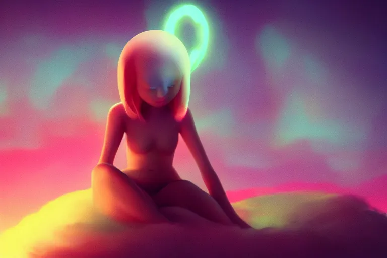 Image similar to a cute alien girl sitting on a cloud relaxing, misty, glows, digital art, hazy, foggy, red lighting, ambient lighting, 8 k,