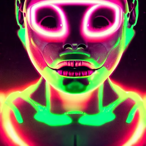 Prompt: synthwave alien face with neon tattos, detailed face, sharp focus, synthwave art, aesthetic, octane render, raw, cinematic