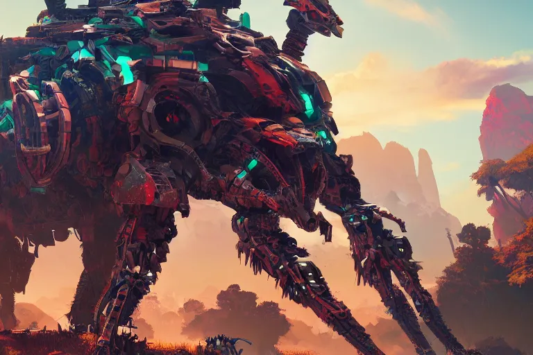 Image similar to ravager machine mecanical creature robot of horizon forbidden west horizon zero dawn radiating a glowing aura global illumination ray tracing hdr fanart arstation by ian pesty and alena aenami artworks in 4 k