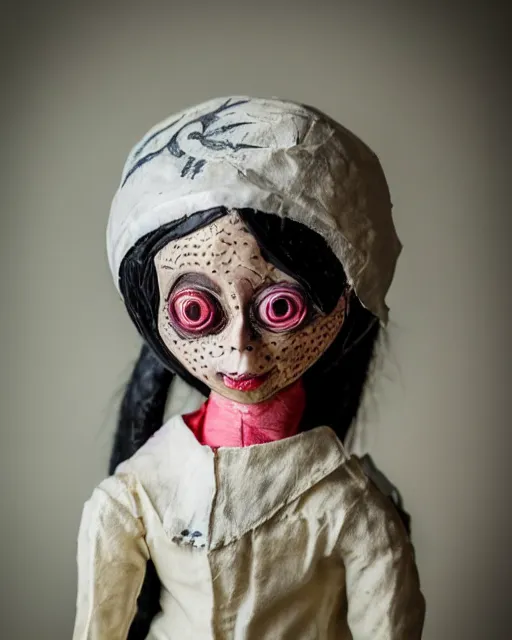 Image similar to a creepy paper mache doll of a coraline, realistic, very detailed, complex, intricate, studio lighting, bokeh, sigma 5 0 mm f 1. 4