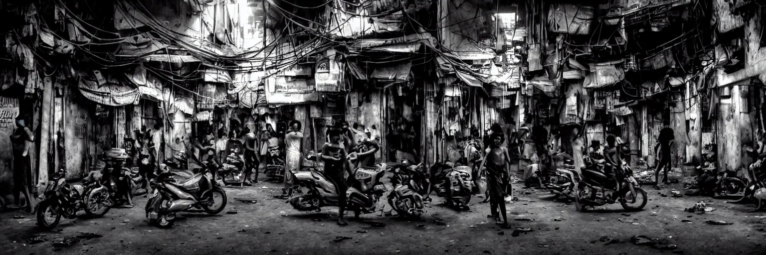 Image similar to Cyberpunk Slums Mafia gangs , futuristic Phnom-Penh Cambodia, neon dark lighting