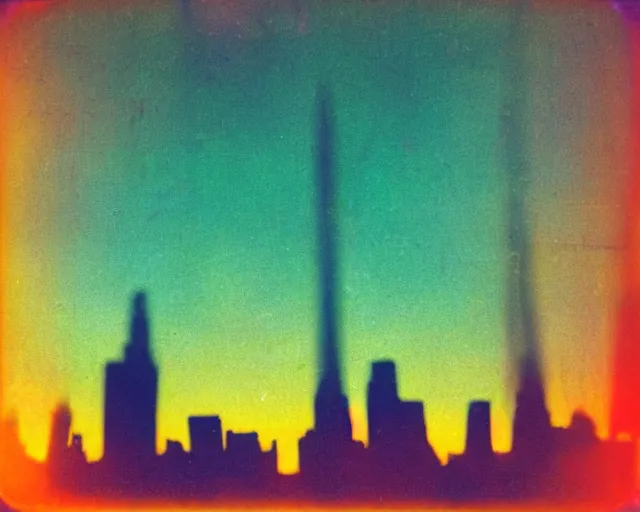 Image similar to futuristic city, violet and yellow sunset, polaroid photo, whimsical and psychedelic, 1 9 6 0 s, grainy, expired film, glitched