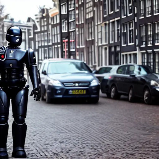 Prompt: robocop patrolling streets of amsterdam