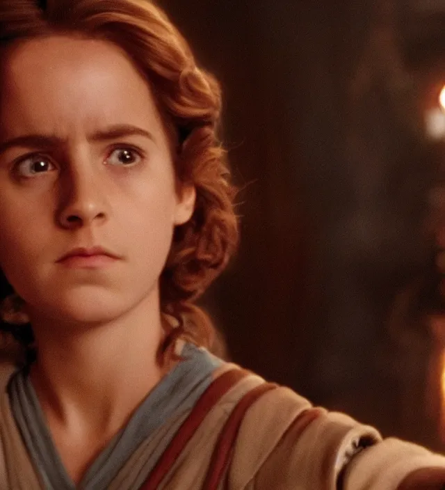 Image similar to hermione in star wars, movie still frame, hd, remastered, movie grain, cinematic lighting