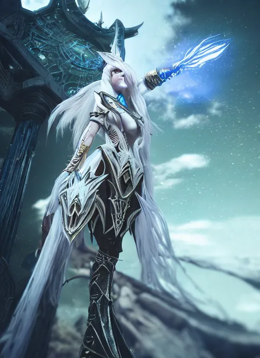 Prompt: photo of a sorceress near mage tower, warframe armor, magical dress, fantasy, white hair, trees, village far away, interesting angle, sharp focus, 8 k high definition, insanely detailed, intricate, intelligent, art by akihiko yoshida and shirotaka