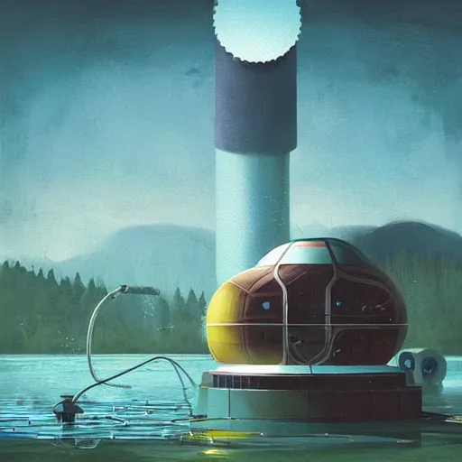 Image similar to ” futuristic flott surrounded by water, by simon stalenhag ”
