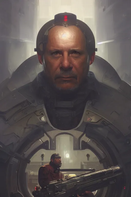 Image similar to a middle aged man as a ballistic shell, realistic painting, symmetrical, highly detailed, digital painting, artstation, concept art, smooth, sharp focus, illustration, cinematic lighting, art by artgerm and greg rutkowski and alphonse mucha