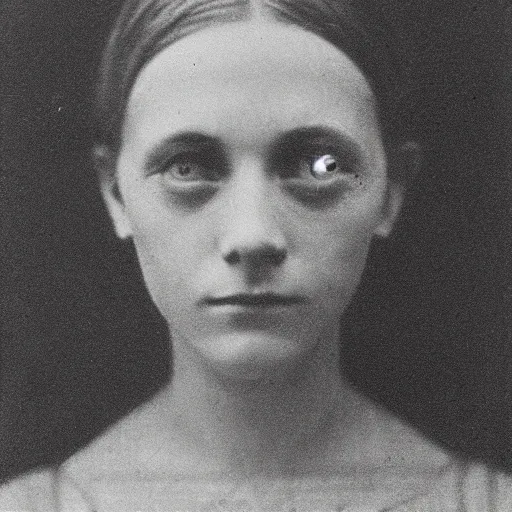 Prompt: frontal portrait of a 6 eyed woman, monochrome photograph taken in 1910, grainy, film grain