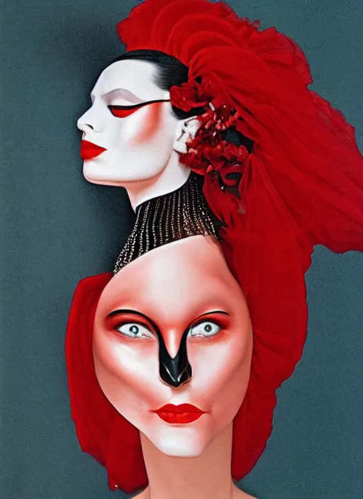 Prompt: an 8 0 s portrait of a woman with dark eye - shadow and red lips with dark slicked back hair, a mask made of wire and beads, dreaming by serge lutens, rolf armstrong, delphin enjolras, peter elson, red cloth background, surreal flat color