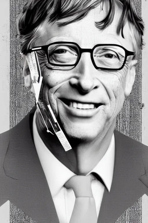 Image similar to bill gates with a barcode on his forehead and dozens of hypodermic needles sticking out of him, concept art, digital art, trending on deviantart