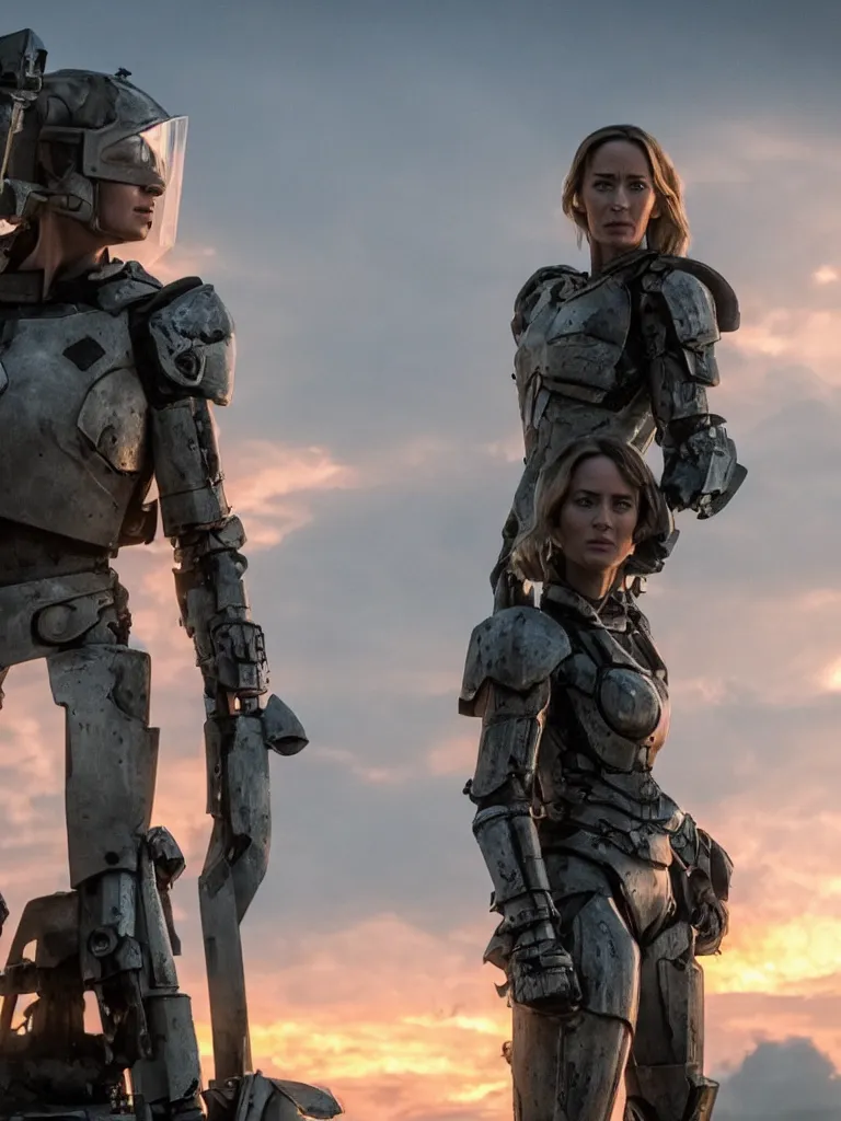 Image similar to emily blunt in futuristic power armor, standing atop a hill, holding a sword, edge of tomorrow, angel of verdun, sunset