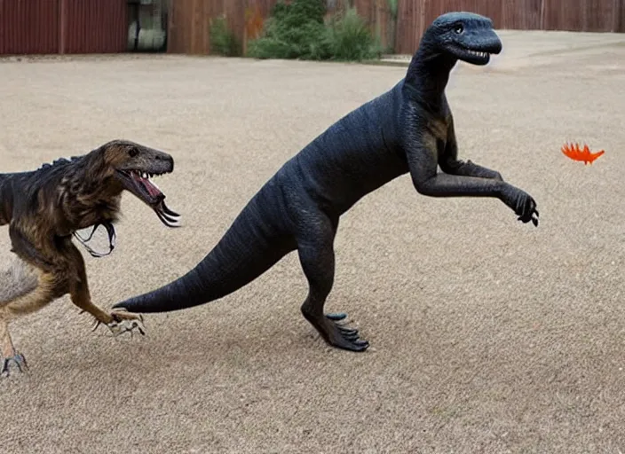 Prompt: photo of a dog playing with a velociraptor