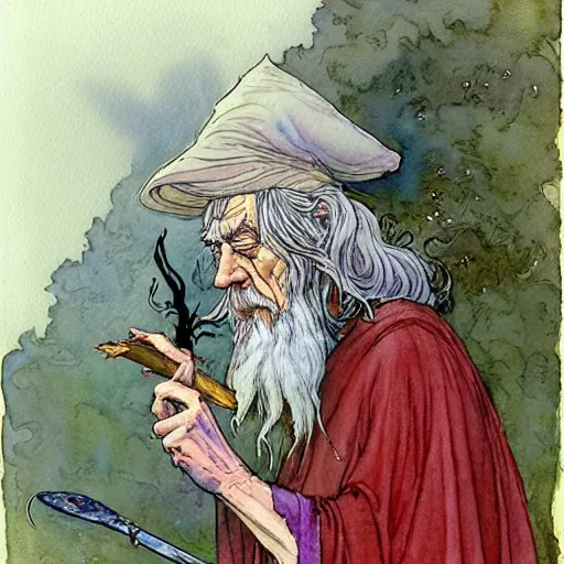 Prompt: a realistic and atmospheric watercolour fantasy character concept art portrait of gandalf with red eyes smoking a huge blunt looking at the camera with a pot leaf nearby by rebecca guay, michael kaluta, charles vess and jean moebius giraud