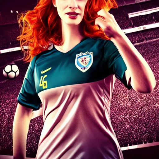 Image similar to Christina Hendricks as soccer player scoring goal, realistic, 4k,