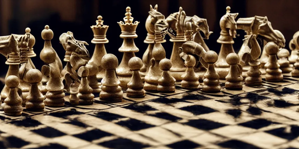 Image similar to photo taken of an epic intricate, ultra detailed, super realistic majestic gracious regal aristocratic gothic live chess created by weta workshop and tim burton, menacing, wide angle, full body shots, photorealistic, sharp focus, gloomy, extremely cold blueish colour temperature, 3 5 mm, f 1. 4, golden ratio