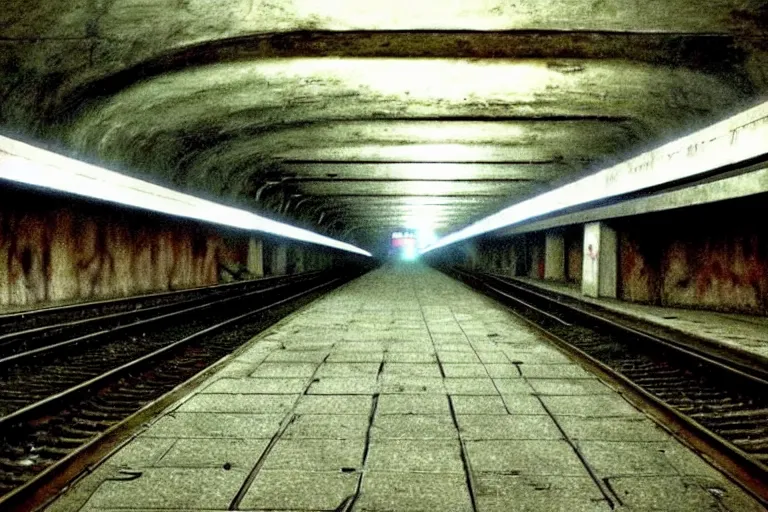 Image similar to very large giant mutant zombie irradiated ( angry rat ) staying on railways in tonnel of moscow subway. tonnel, railways, giant angry rat, furr, fangs, claws, very realistic. fog, extreme long shot, herman nitsch, giger.