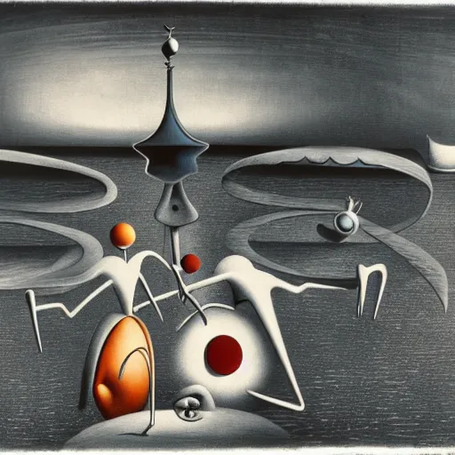 Image similar to Two mechanical beings in a deep conversation. Dali. Yves Tanguy,