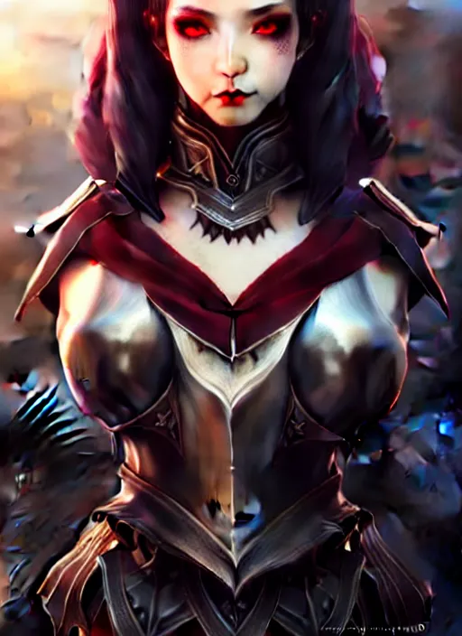 Image similar to full plate armor!!! beautiful and elegant dark hair female vampire!! gorgeous ayes!! character concept art, sharp focus, octane render! unreal engine 5! highly rendered!! trending on artstation!! detailed linework!! illustration by artgerm, wlop, and chie yoshii