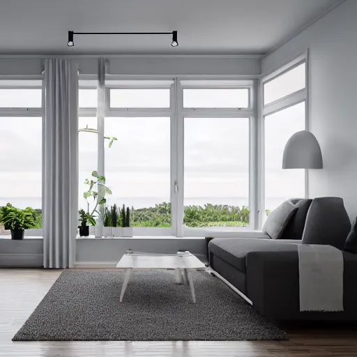 Image similar to minimalist interior design, scandinavia style, living room with window facing the sea and sun, photorealistic, ultra - detailed, 4 k high resolution, hdr shot, unreal engine rendering 4 k