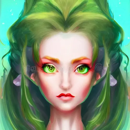 Image similar to a beautiful stunning fantasy whimsical matte digital portrait illustration of a pretty womam with bright green eyes and fiery red hair with a green bird on her shoulder, in the style of Ross Tran, trending on artstation, contest winner
