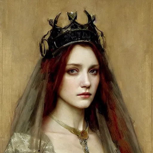 Image similar to detailed realistic beautiful young medieval queen face portrait by ruan jia, art nouveau, symbolist, visionary, gothic, pre - raphaelite