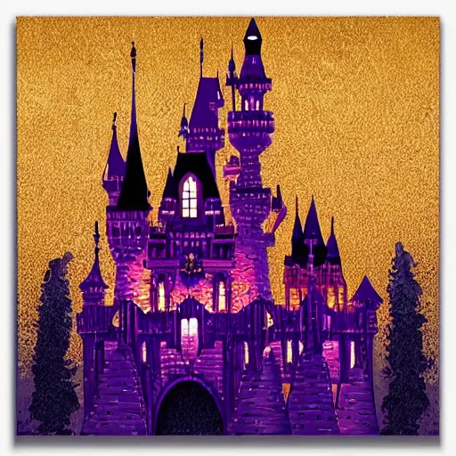 Prompt: amazing architecture comic - book art, epic castle, amazing purple and amber gold lighting, with half - tone - print features that blend into the art style and print