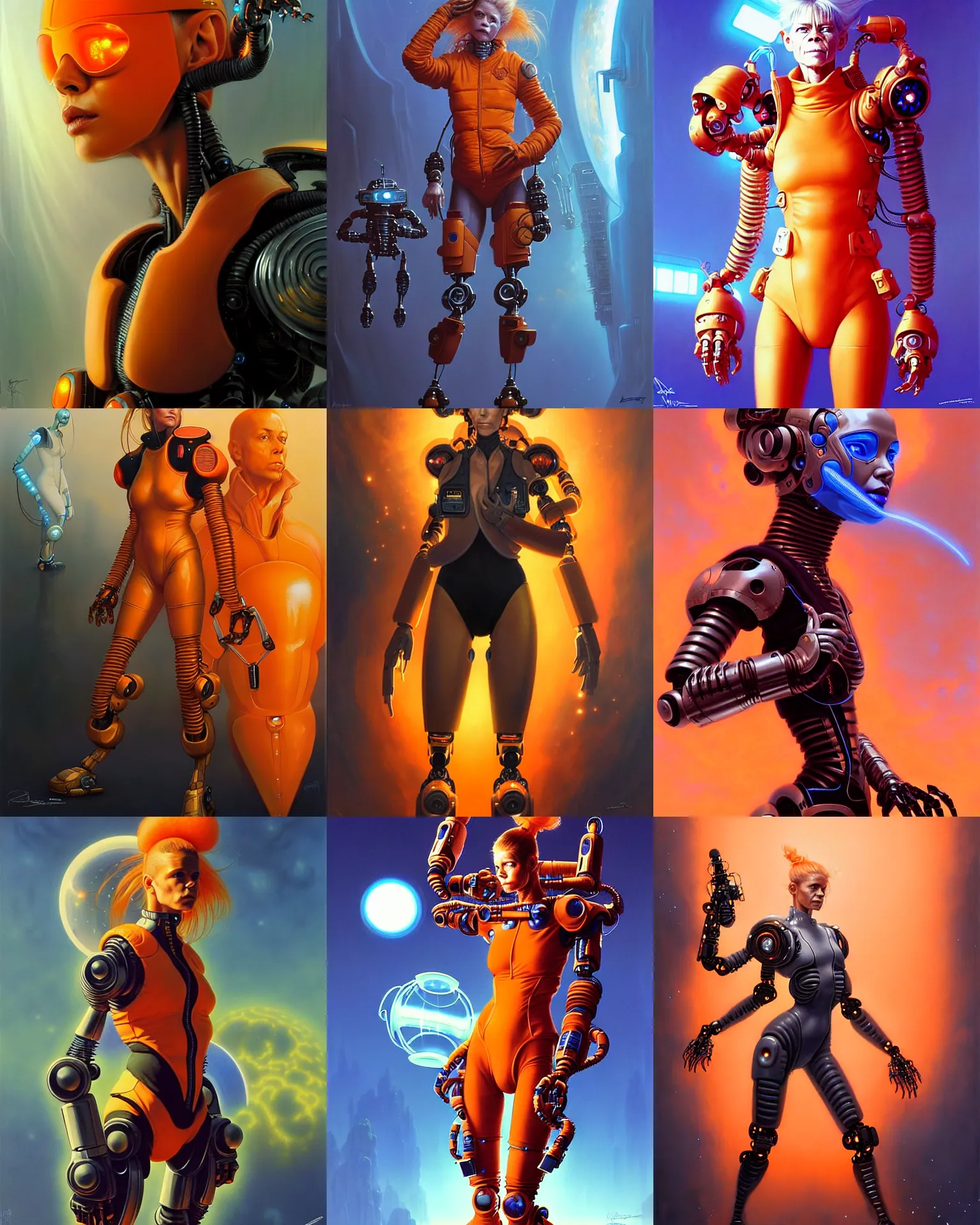 Prompt: beautiful fantasy character portrait, linda hamilton, wearing orange puffy bomber jacket with leotard, futuristic robots, ultra realistic, dramatic lighting, robots, the fifth element artifacts, highly detailed by peter mohrbacher, hajime sorayama, wayne barlowe, boris vallejo, aaron horkey, gaston bussiere, craig mullins