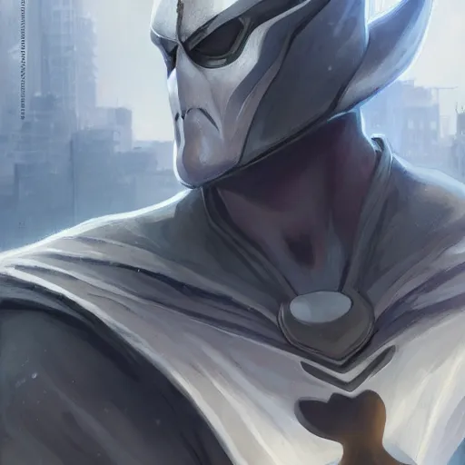 Image similar to portrait of Moon Knight by Stanley Artgerm Lau, WLOP, Rossdraws, James Jean, Andrei Riabovitchev, Marc Simonetti, Yoshitaka Amano, ArtStation, CGSociety,