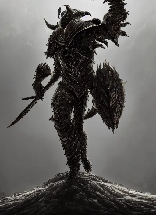 Image similar to а fantasy Proto-Slavic mythology monster in armour inspired by game dark souls, full body, detailed and realistic, 4k, top-artstation, octane render