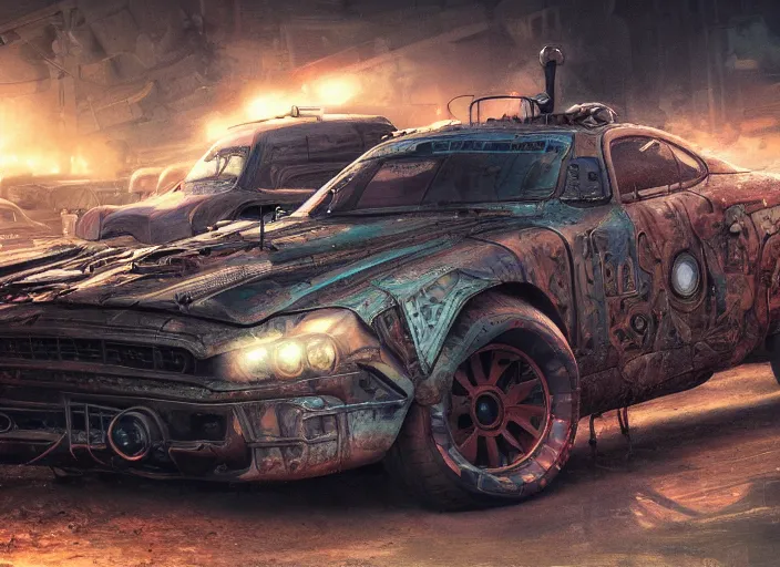 Image similar to detailed concept art illustration oil painting of a sci-fi muscle car in full intricate detail, ultra detailed, digital art, octane render, 4K, dystopian, micro details