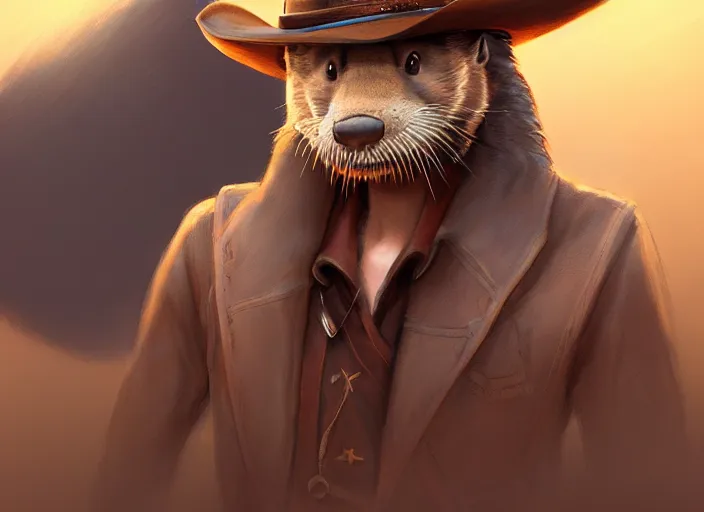 Image similar to character portrait feature of the anthro male anthropomorphic otter fursona wearing cowboy outfit wild west desperado character design stylized by charlie bowater, ross tran, artgerm, makoto shinkai, detailed, soft lighting, rendered in octane