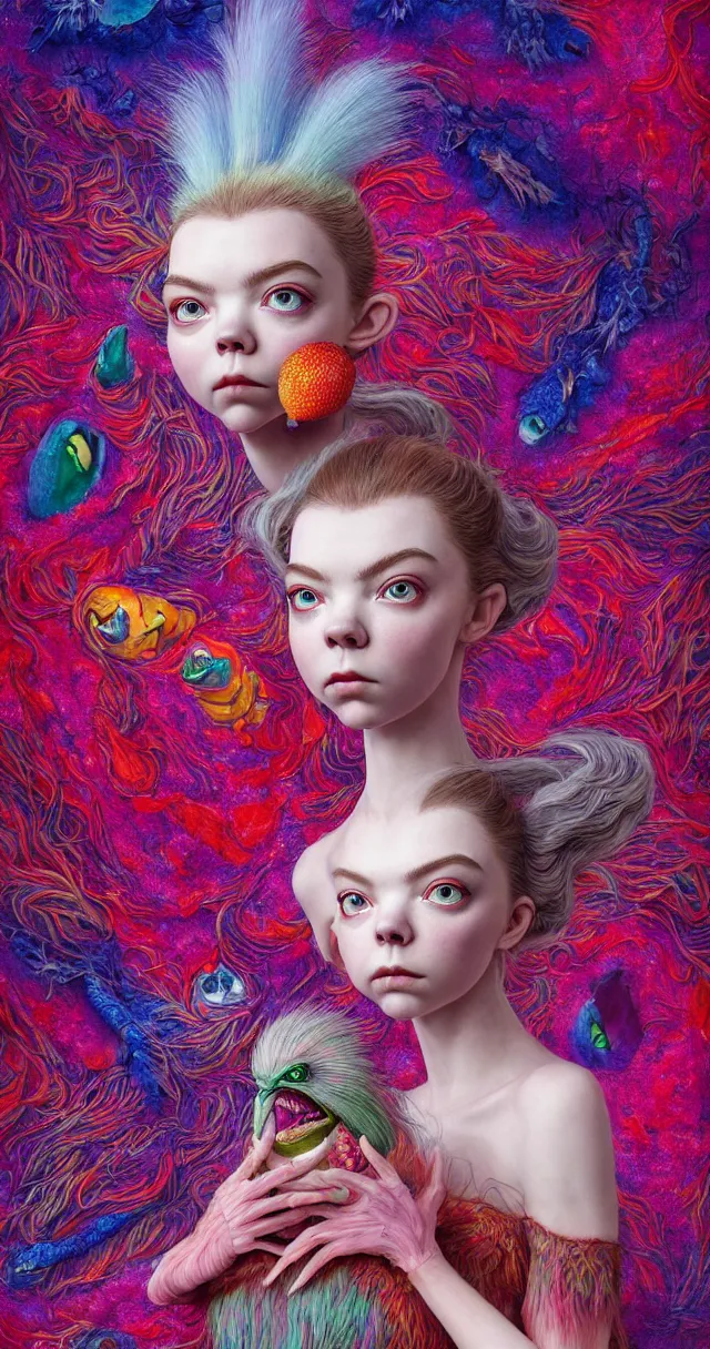 Image similar to hyper detailed 3d render like a Oil painting - kawaii portrait of two Aurora (a beautiful skeksis muppet fae princess protective playful from dark crystal that looks like Anya Taylor-Joy) seen red carpet photoshoot in UVIVF posing in scaly dress to Eat of the Strangling network of yellowcake aerochrome and milky Fruit and His delicate Hands hold of gossamer polyp blossoms bring iridescent fungal flowers whose spores black the foolish stars by Jacek Yerka, Ilya Kuvshinov, Mariusz Lewandowski, Houdini algorithmic generative render, Abstract brush strokes, Masterpiece, Edward Hopper and James Gilleard, Zdzislaw Beksinski, Mark Ryden, Wolfgang Lettl, hints of Yayoi Kasuma and Dr. Seuss, octane render, 8k