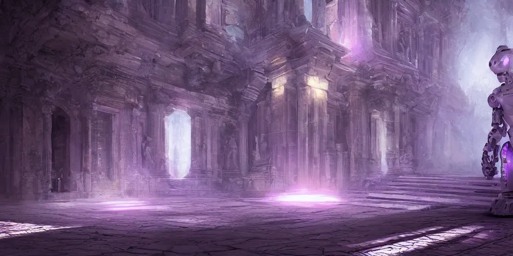 Prompt: a digital painting of a robot made of white stone, purple crystal inlays, by jonas de ro, keeping the entrance of a sanctum, cinematic lights, at dawn, unreal engine, attestation, deviantart