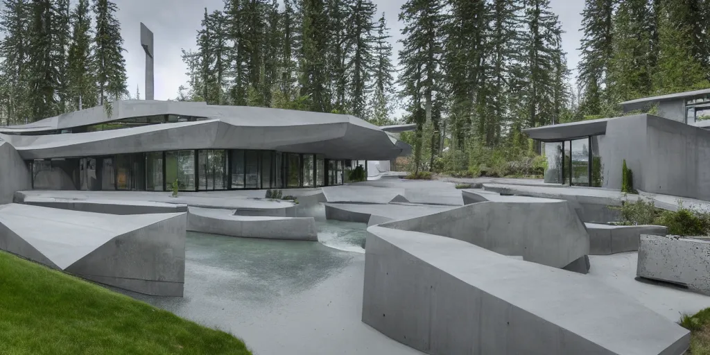 Image similar to large futuristic residence, gray concrete, many large windows, washington state, water features, triangular elements