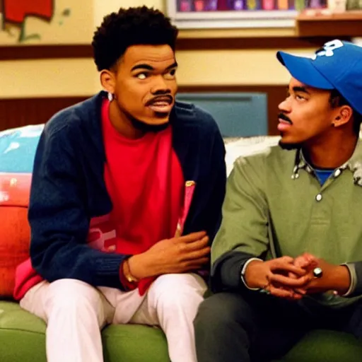 Image similar to a tv still of Chance The Rapper starring as a black college student at Jones College Prep in a 1993 sitcom