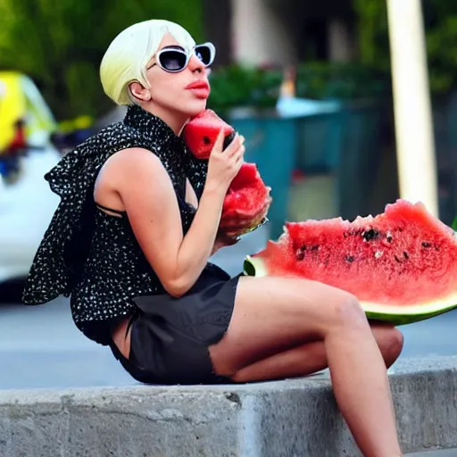 Image similar to lady gaga eating watermelon sitting on the street, lots of flies flying around