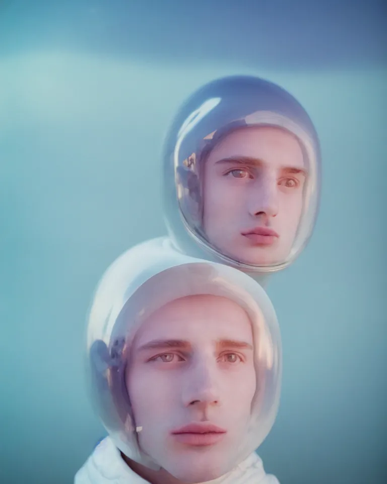 Image similar to high quality pastel coloured film portrait photograph of a beautiful young 2 0 year old male, soft facial features, short hair, wearing perspex space helmet and oversized inflated clothing!! icelandic black rock pool environment. atmospheric three point light. photographic. art directed. ( pastel colours ). volumetric. clearcoat. waves. 8 k. filmic.